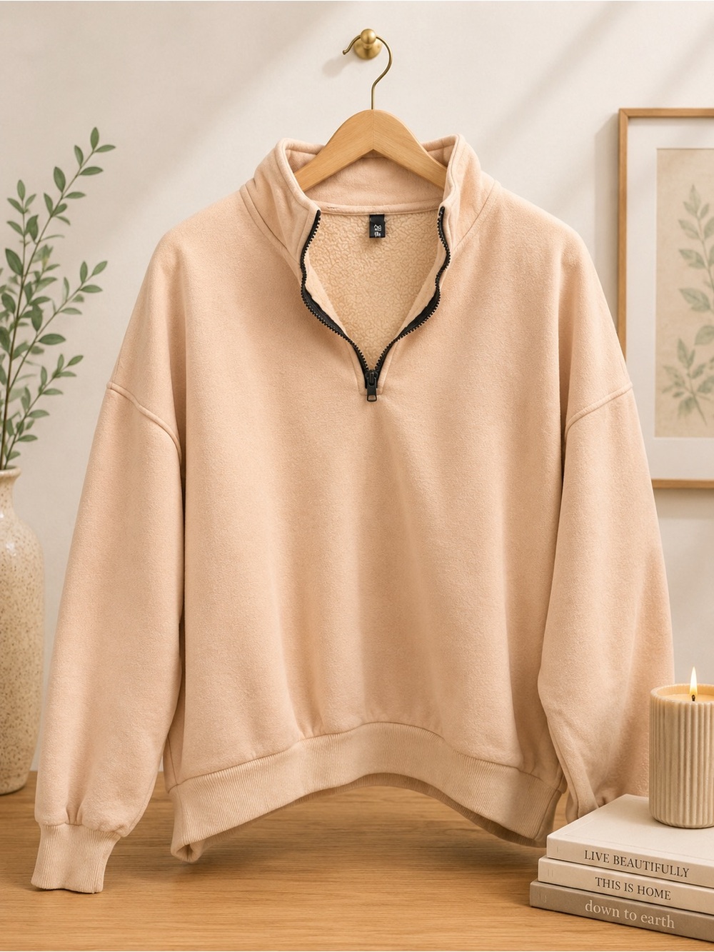 Beige Half-Zip Fleece Pullover Sweater